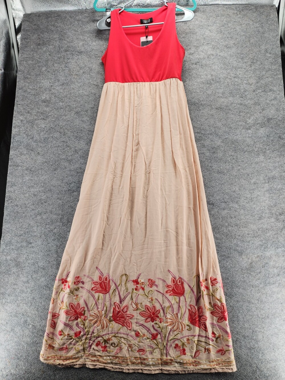 LBisse Maxi Dress Womens Medium Sleeveless Coral Floral Embroidery